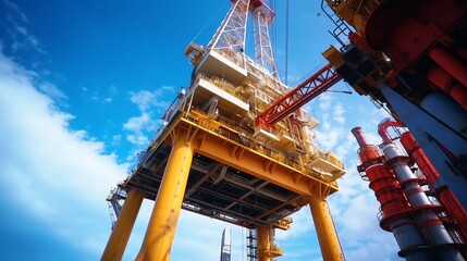 Offshore construction machinery, including cranes, tower, associated with fossil fuel extraction such as oil, fracking, and natural gas.  Created with generative AI technology