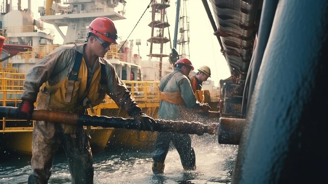 Two roughnecks working on oil rig platform drill floor UHD cinematic. Created with generative AI technology