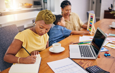Remote work, lesbian couple and black woman with kid in home for learning math. African freelancer, taking notes and child with mothers for studying, adoption or interracial education with gay family