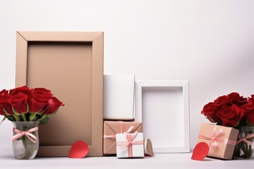 Blank photo frame for mockup design with roses and valentine elements, AI Generated