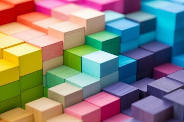 Spectrum of stacked multi-colored wooden blocks. Background or cover for something creative, diverse, expanding, rising or growing. On pure white, Generative AI