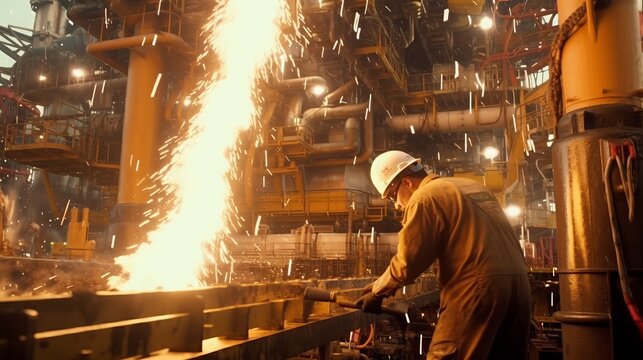 Two roughnecks working on oil rig platform drill floor UHD cinematic. Created with generative AI technology