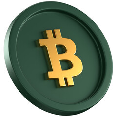 3D icon of a green coin with a gold BTC sign in the cneter