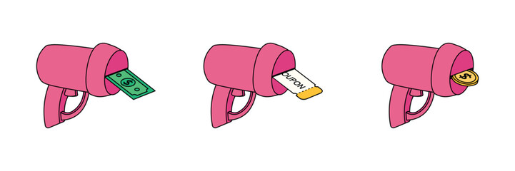 Set of pink toy guns. Coupon gun with coupon, money gun with dollar bill, coin gun with gold coin