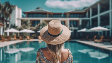 Back view of young woman in a hotel. Created with Generative AI technology.