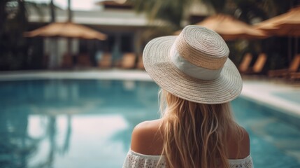 Back view of young woman in a hotel. Created with Generative AI technology.