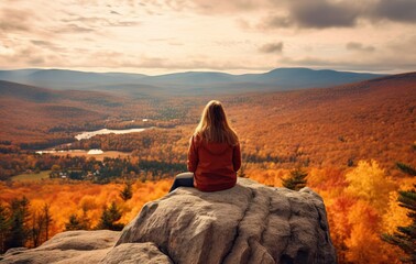 Fototapeta na wymiar Woman sitting on the edge of cliff and looking at valley in autumn