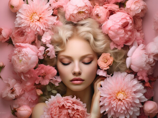 Beautiful young woman lying in a bed of pink peonies.