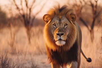 Fototapeta na wymiar portrait Male lion. sunset