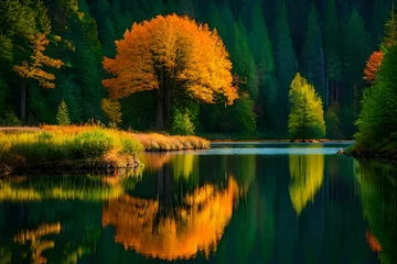 Wall murals Reflection autumn trees reflected in water generated ai tool