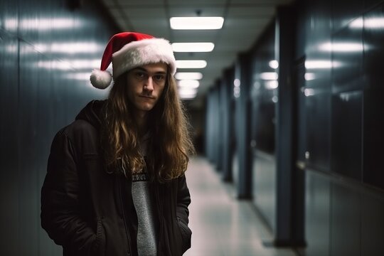 Portrait of a beautiful young man in a Santa Claus hat.