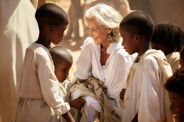 Fototapeta na wymiar Ai generated image of woman help to poor kids in africa