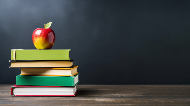 Colorful books stack and apple on a blackboard background with a place for text. AI generated