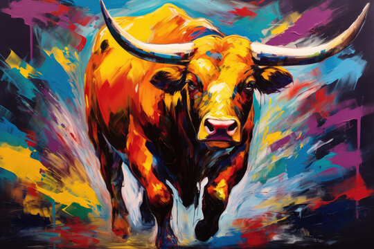 painting of bull with long horn