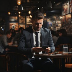 Man Using Mobile in a Restaurant. Generative AI