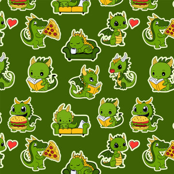 Seamless pattern with Illustration Emoji characters cartoon green dragon dinosaur laughs sticker emoticon © Inna