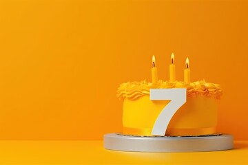Birthday cake on a 7 years decorated with topper number seven on a yellow background in a minimalist style.