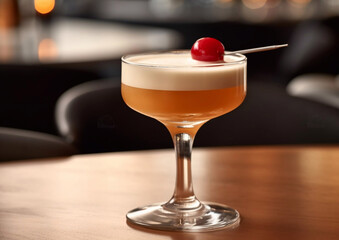Whiskey sour cocktail with cherry and egg white on table.Macro.AI Generative