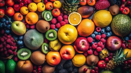 Tropical Fruits Assortment, top view. Created with Generative AI technology.