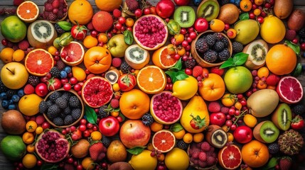 Tropical Fruits Assortment, top view. Created with Generative AI technology.