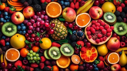 Tropical Fruits Assortment, top view. Created with Generative AI technology.
