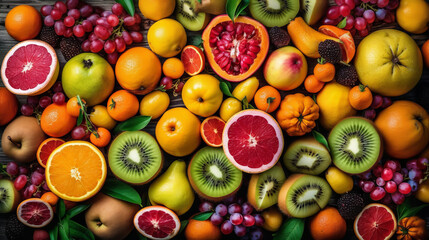 Tropical Fruits Assortment, top view. Created with Generative AI technology.