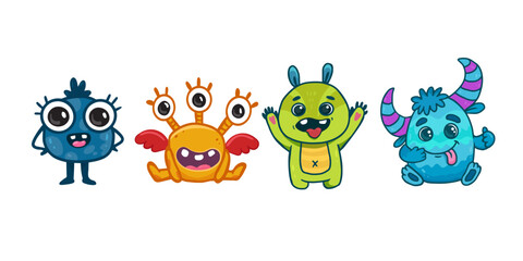 Set of cute cartoon monsters.Funny characters on white background. Icon monster. Doodle style. Alien. Vector