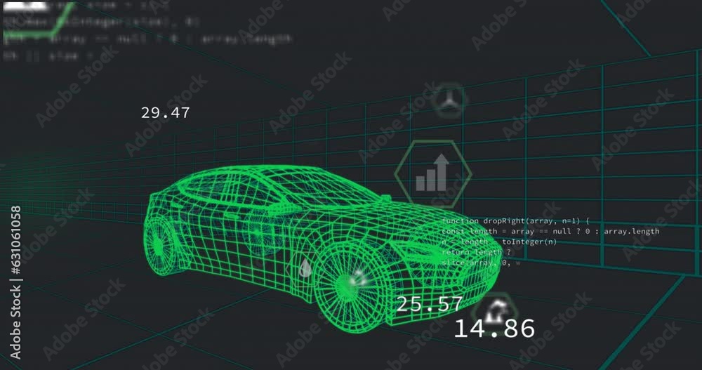 Poster animation of multiple digital icons over 3d car model moving in seamless pattern in a tunnel