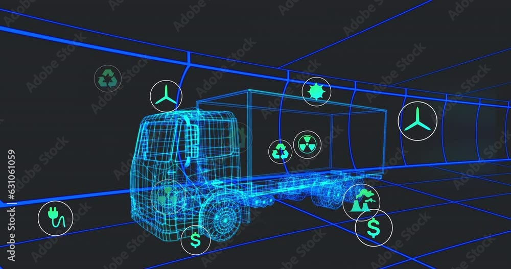 Poster animation of multiple digital icons over 3d truck model moving in seamless pattern in a tunnel