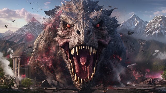 Furious monster with open mouth on the background of a destroyed city. generative ai