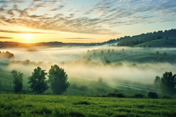 Obraz na płótnie Canvas Morning mist rises from lake into trees. Beautiful scenery landscape.