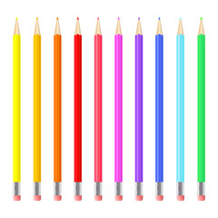 Colorful realistic pencils set. Rainbow colored crayons layed loosely in a line. Vector illustration isolated on white background
