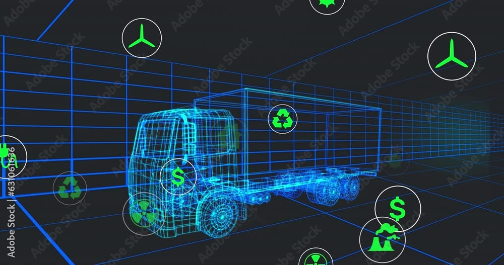 Poster animation of multiple digital icons over 3d truck model moving in seamless pattern in a tunnel