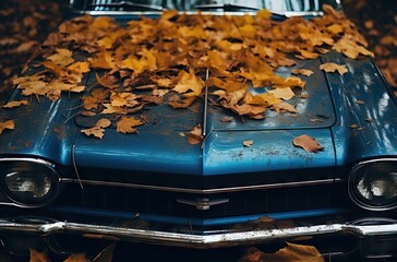 Vintage american car with autumn leaves on the roof. Top view.