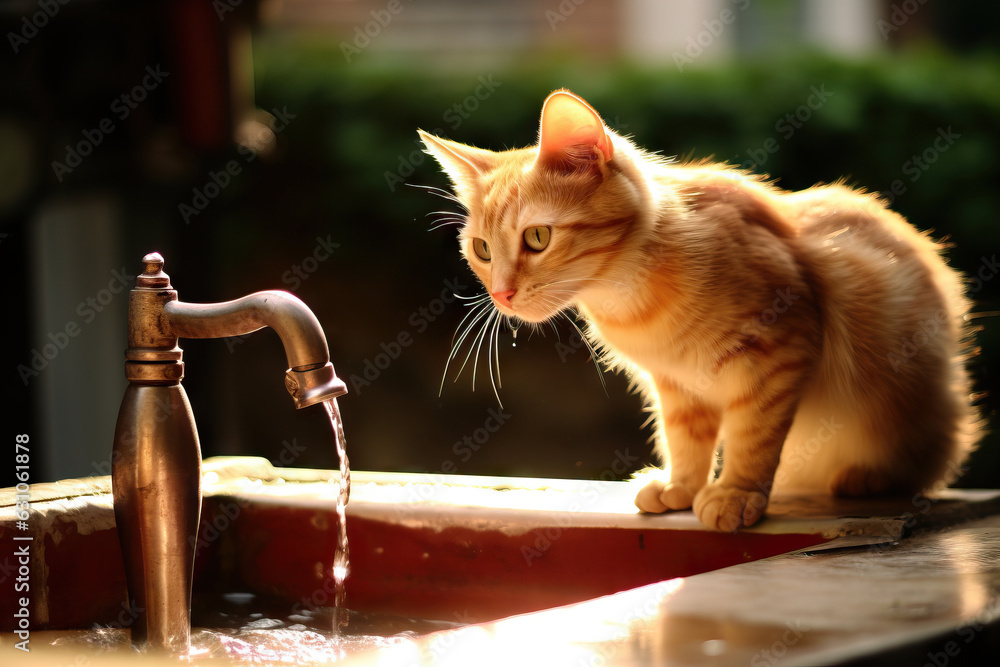 Sticker Cute cat drinking water in the bathroom. Selective focus.