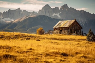 Fototapeta na wymiar Autumn landscape with wooden house