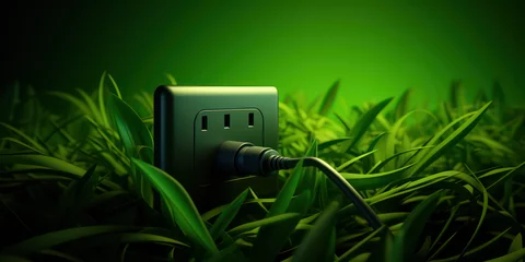 Fototapete Grün An electrical outlet surrounded by green grass, a field. Creative concept of natural energy, green solar energy. 3d render illustration style.