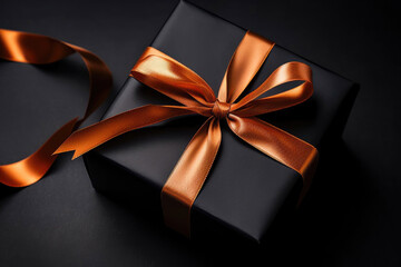 Dark gift box with satin ribbon and bow on black background