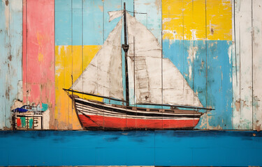 Painted wooden board with bright colors, in the style of weathered materials, earthy palettes