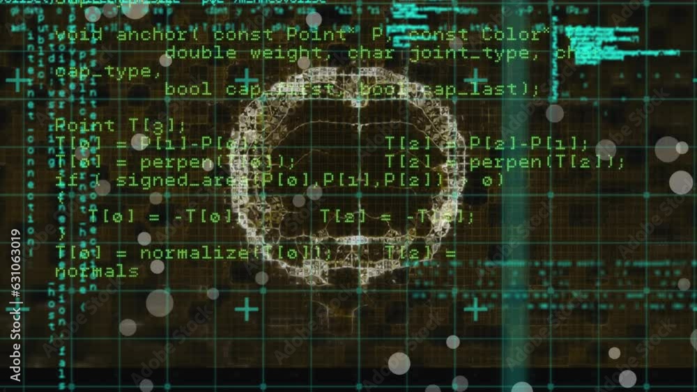 Aufkleber animation of white spots floating over spinning human brain and data processing
