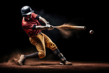 Baseball player making the motion of hitting the ball on dark background - obrazy, fototapety, plakaty