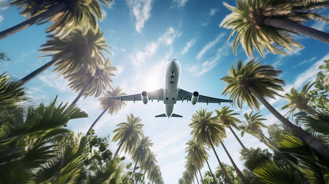 Airplane flying in the blue sky over palm trees