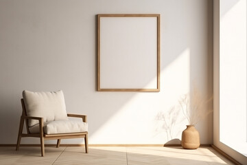 design mockup: a blank picture frame on the wall with scandi interior with light from the window