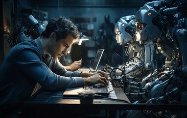 Engineer Looking at Robot. Generative AI