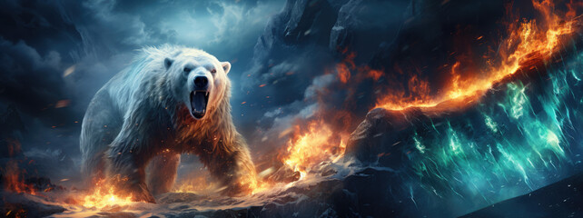 polar bear in fire and smoke - obrazy, fototapety, plakaty