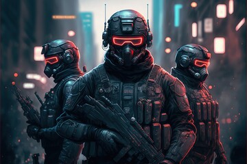 Futuristic swat soldier squad with mask in a cyberpunk city 