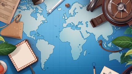 Travel and vacation concept. Top view of world map with travel items
