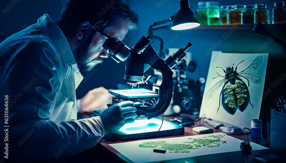Poster man is looking through microscope at piece of art on table