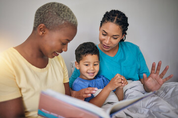 Reading, LGBT family and child with a book in bed for knowledge, education and learning. Adoption,...