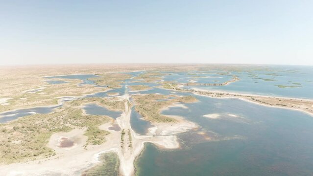 Aerial drone point of view of Aydar Kol lake in Uzbekistan, central Asia.